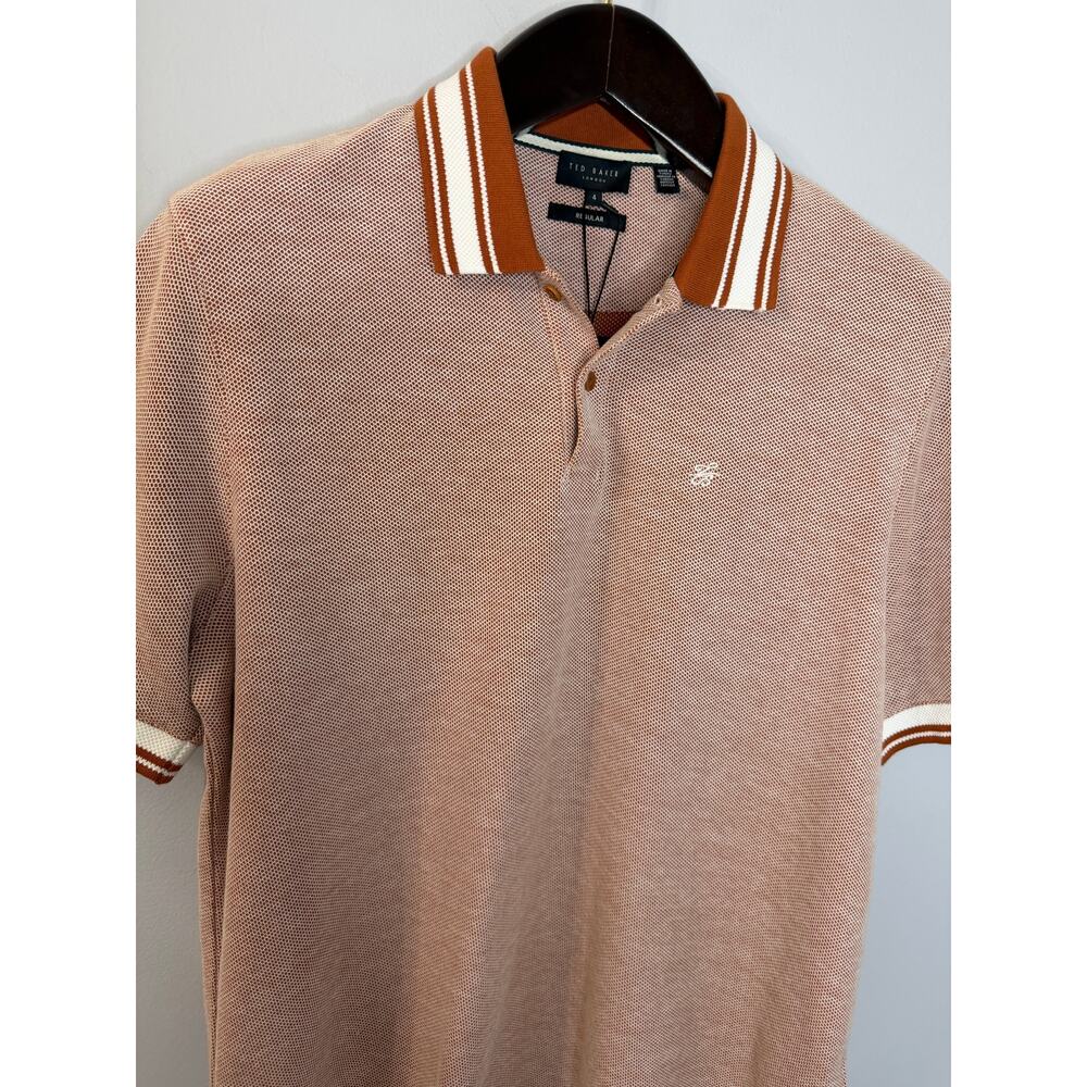 Ted Baker Phenes Textured Cotton Polo Shirt Stripe Trim Brown Men 4 US XXL - Picture 5 of 13